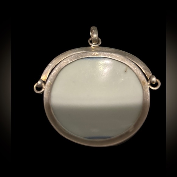 Rare 925 Sterling Silver - Vintage Chinese Ceramic Art Round Drop Pendant - Picture 4 of 5